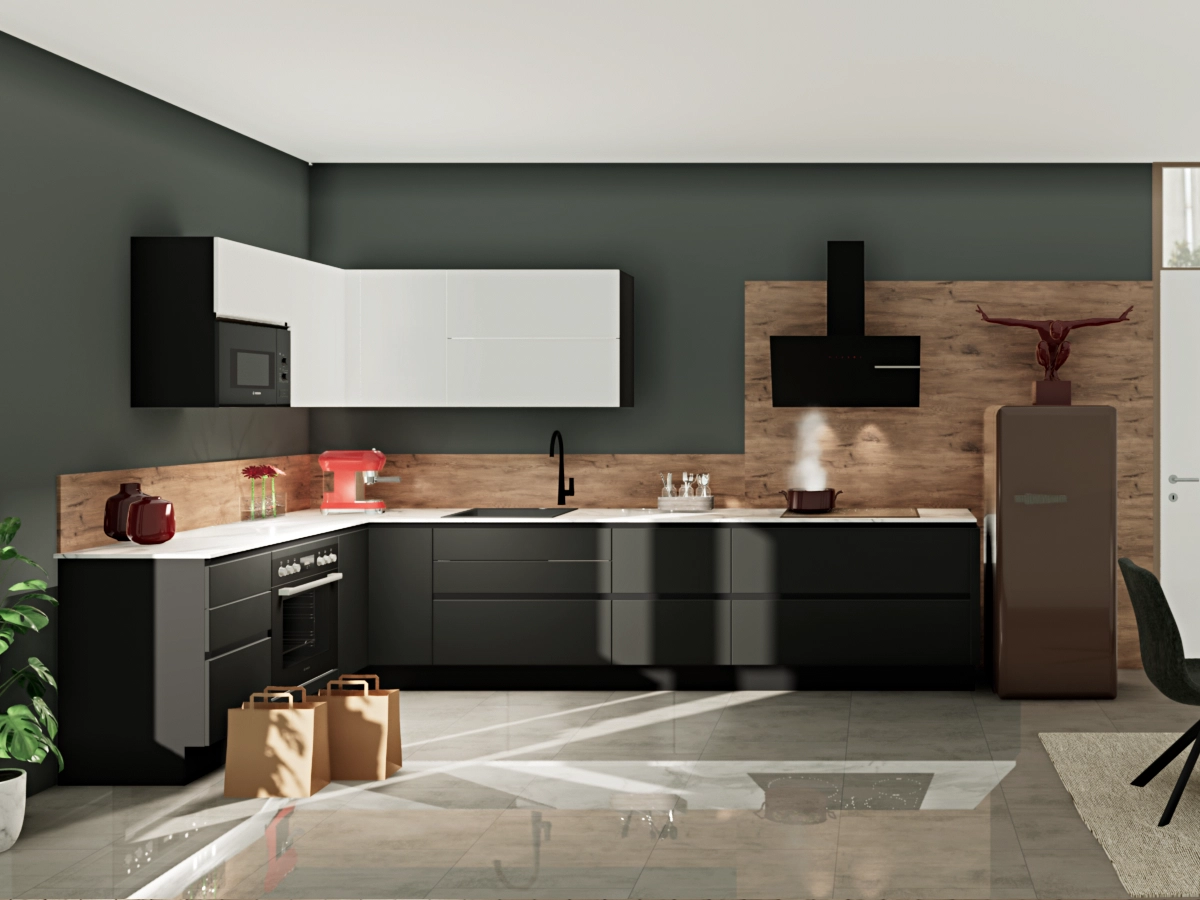 Dank der offenen L-Form und clever platzierten Hängeschränken bleibt alles griffbereit.