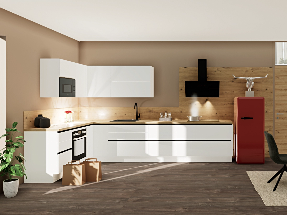 Dank der offenen L-Form und clever platzierten Hängeschränken bleibt alles griffbereit.