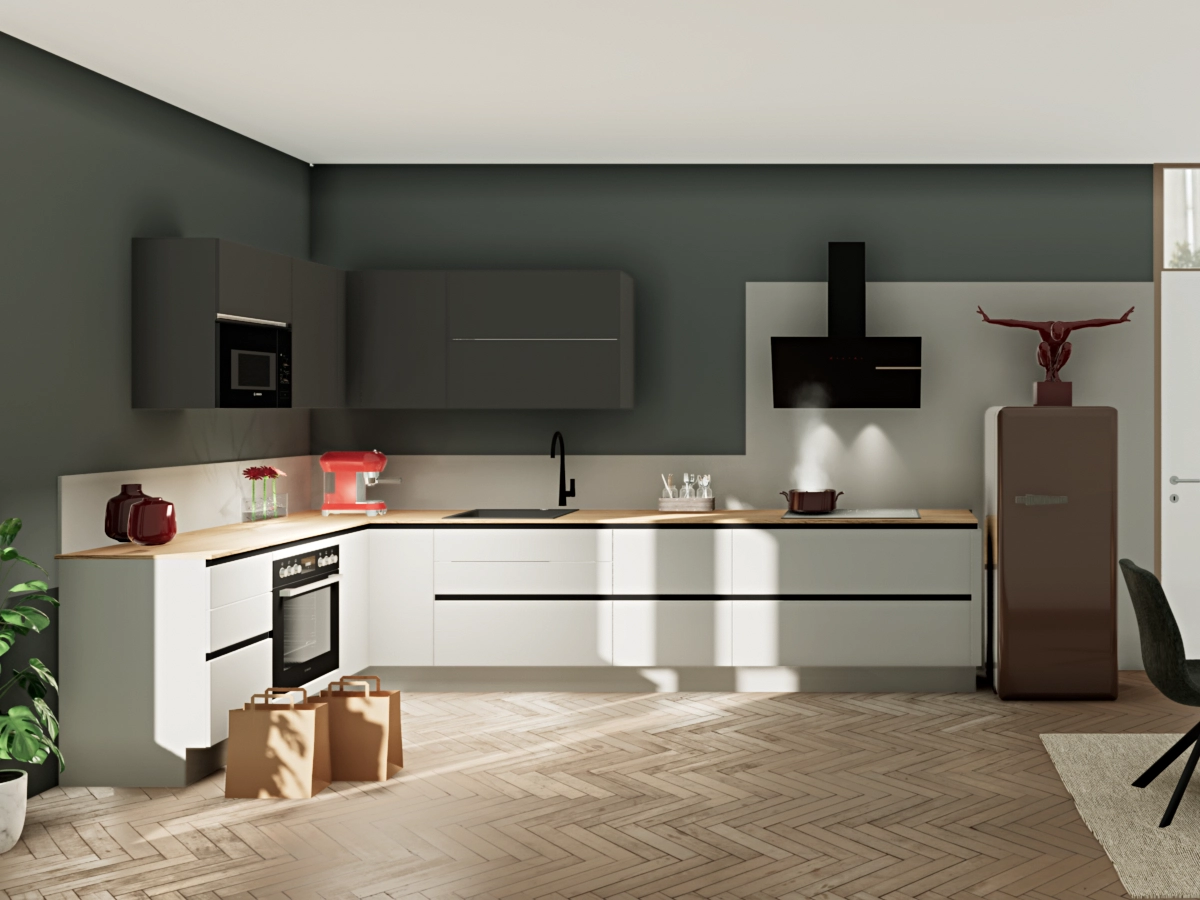 Dank der offenen L-Form und clever platzierten Hängeschränken bleibt alles griffbereit.