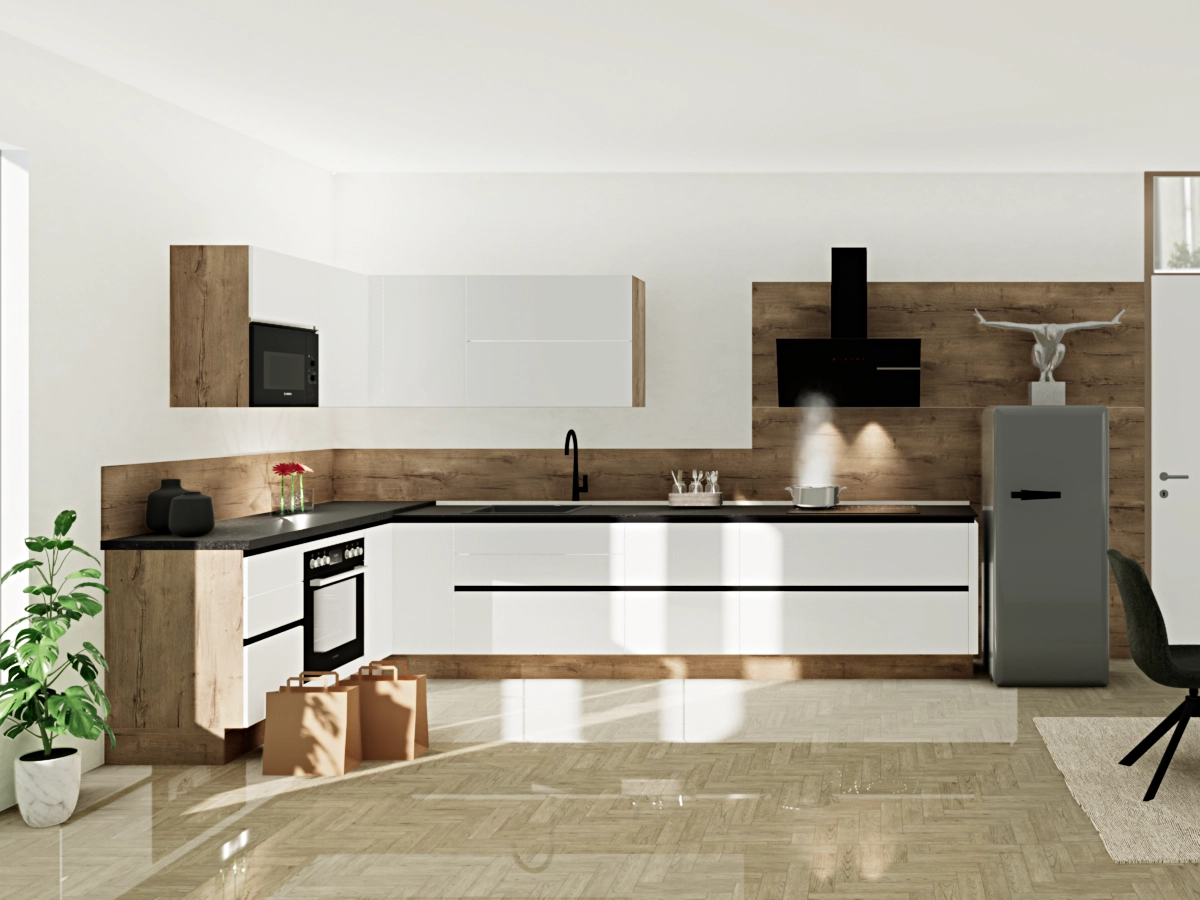 Dank der offenen L-Form und clever platzierten Hängeschränken bleibt alles griffbereit.