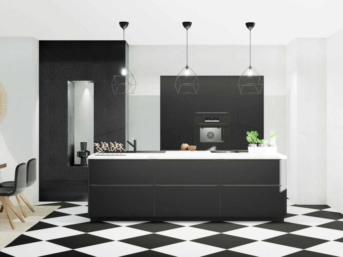 Die zentrale Kücheninsel lädt zum gemeinsamen Kochen und Genießen ein.