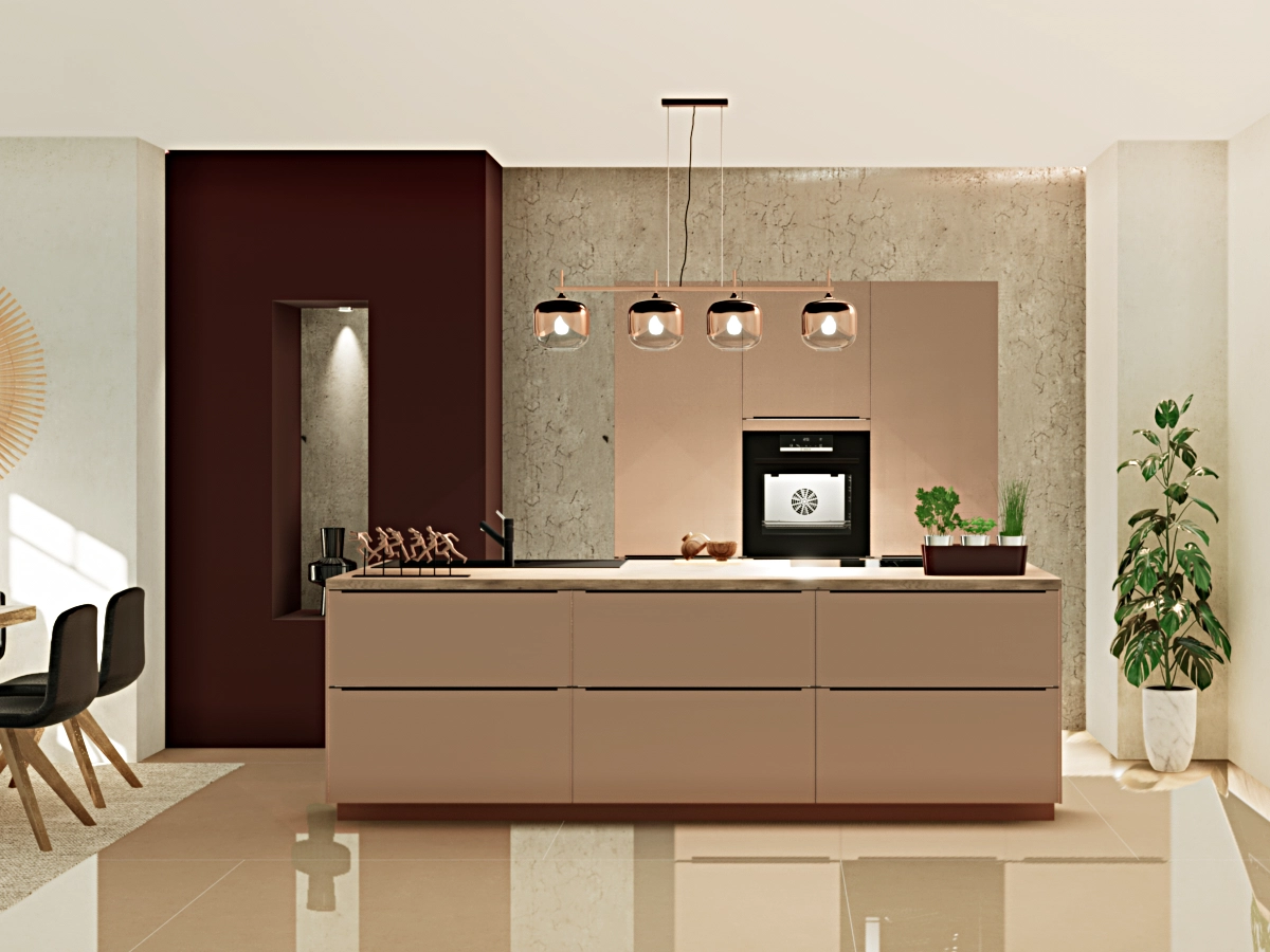 Die zentrale Kücheninsel lädt zum gemeinsamen Kochen und Genießen ein.